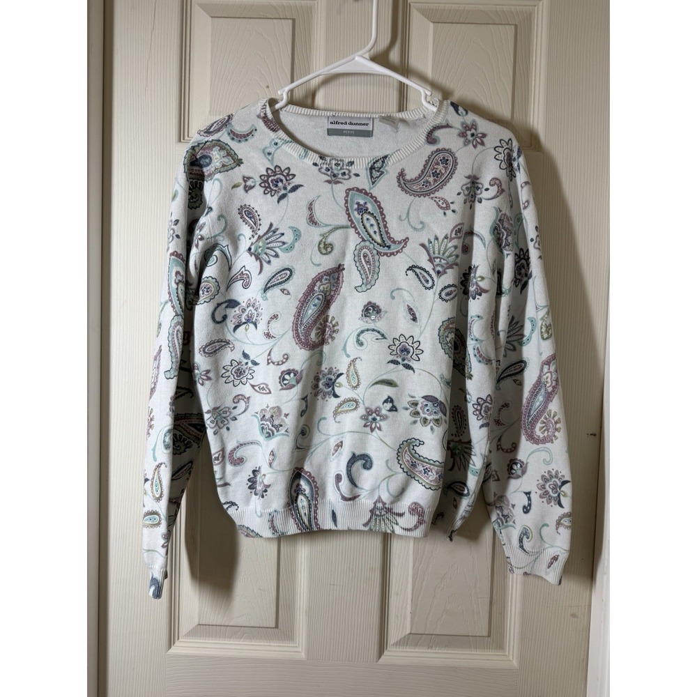 Alfred Dunner Petite Paisley Beaded Sweater Womens PL Ramie Cotton Knit Top